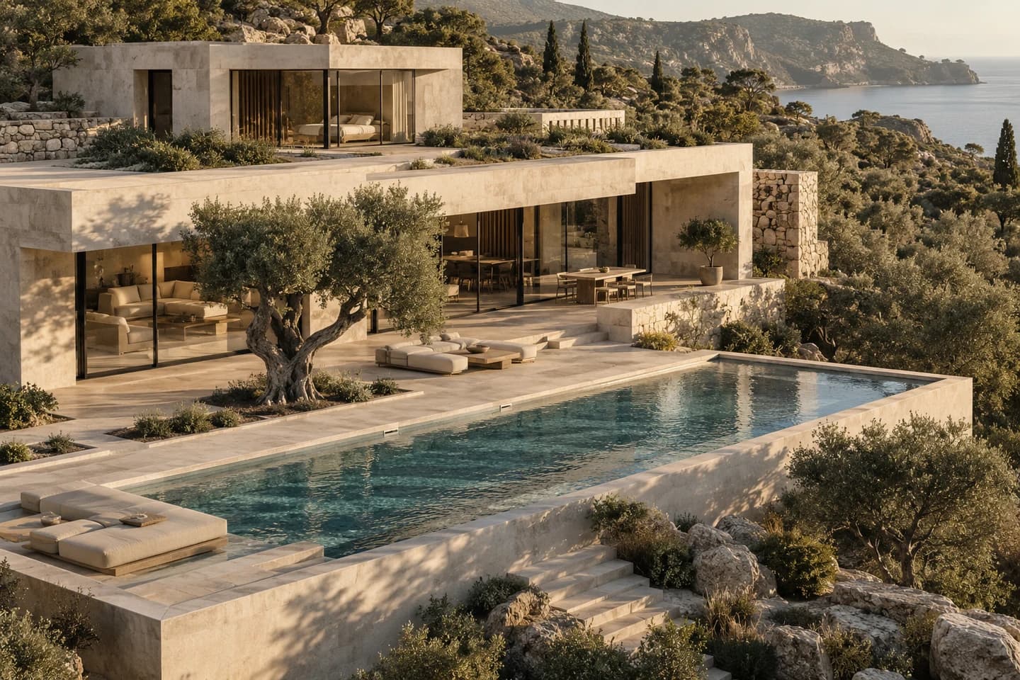 Sculptural concrete villa beside a long pool